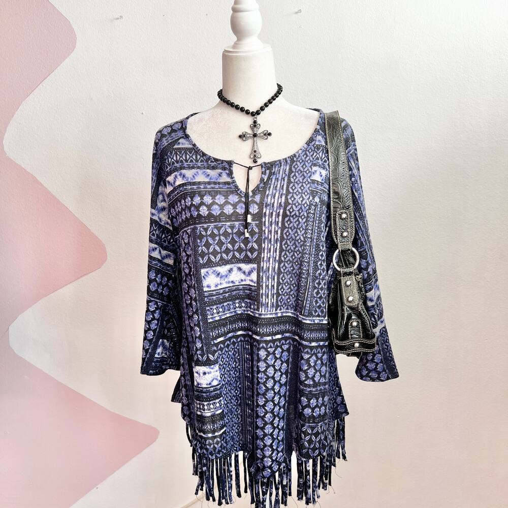 Blue Fringe Trumpet Sleeve Top Boho Festival‎ Retro 70s Vintage Large